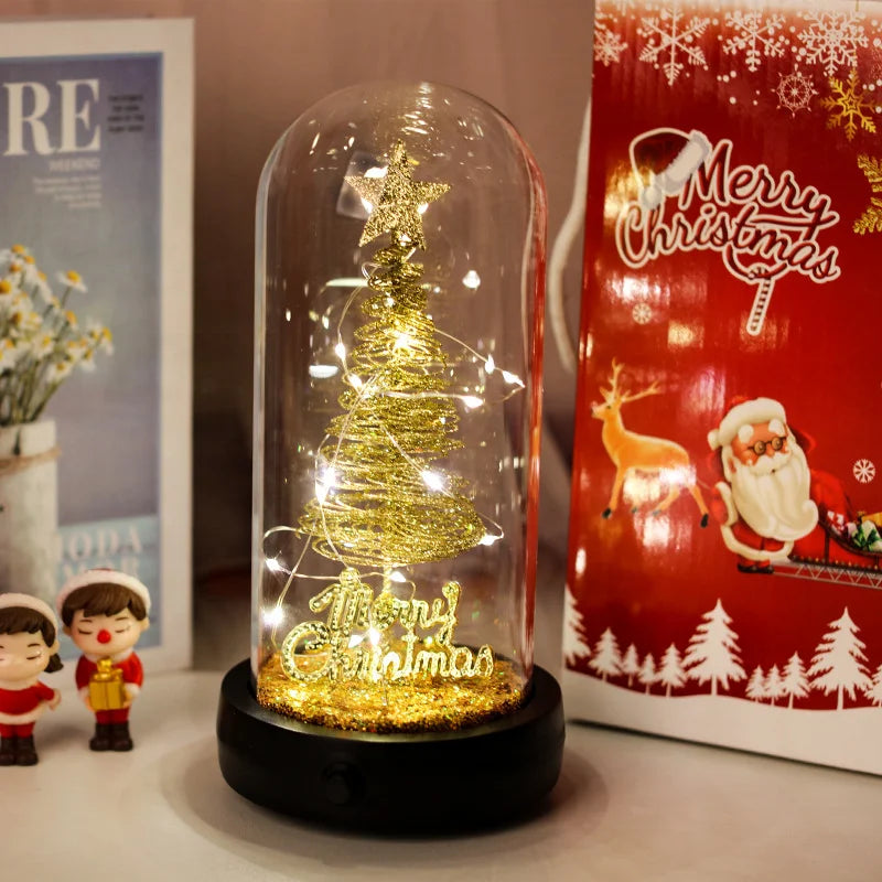 Christmas Gift Glass Cover Christmas Tree Top Star Elk Decorative Desktop Small Ornaments with Lights Eternal Flowers
