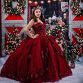 Vestidos De Sequined Quinceanera Dresses Lace Applique Sweet 16 Dress Off the Shoulder Mexican Burgundy Prom Gowns MQ419