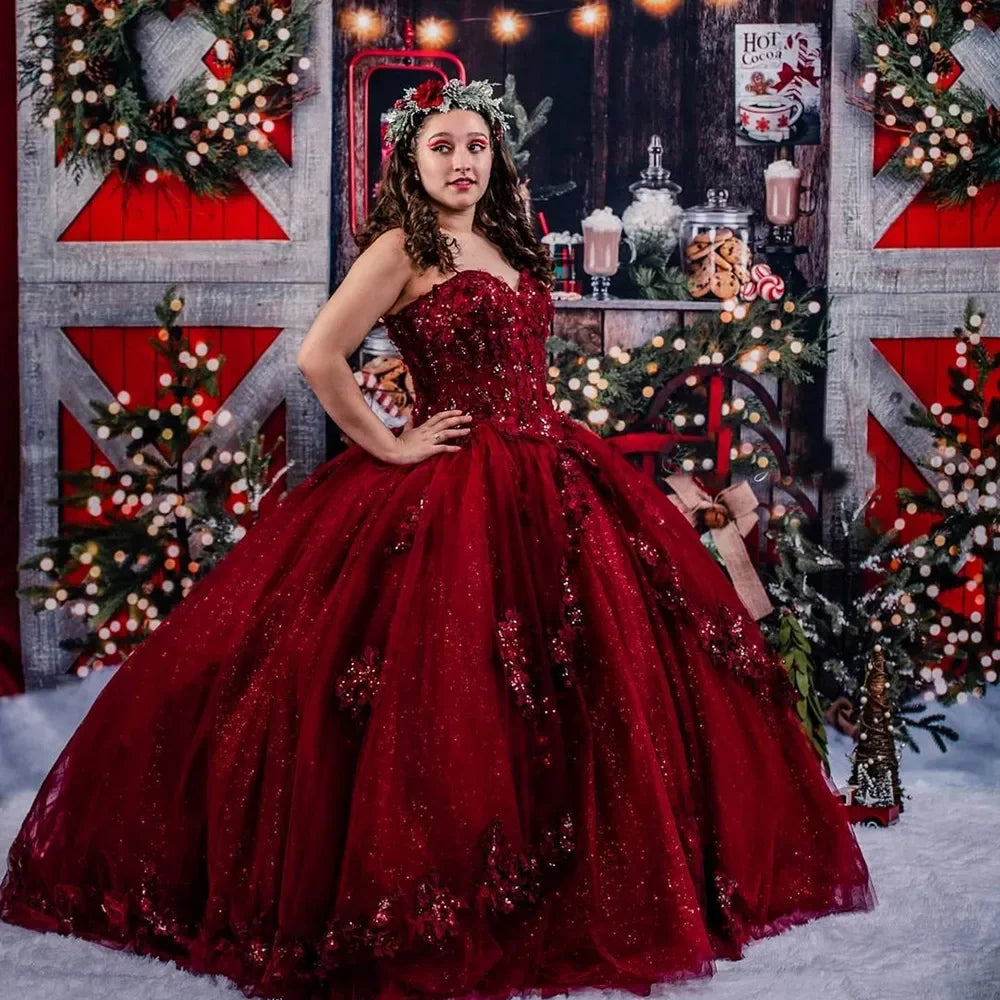 Vestidos De Sequined Quinceanera Dresses Lace Applique Sweet 16 Dress Off the Shoulder Mexican Burgundy Prom Gowns MQ419