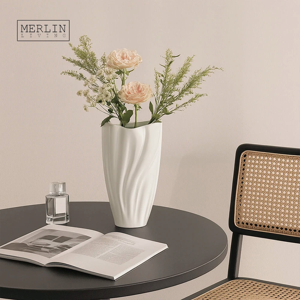 Merlin Living Luxury Ceramic Porcelain Vase Modern European Wavy White Design Scandinavian Art Flower Vase for Home Decor