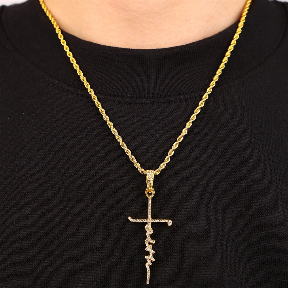 Wholesale Religious Jewelry Alloy Zircon Faith Cross Necklaces Hiphop Cross Chains for Men