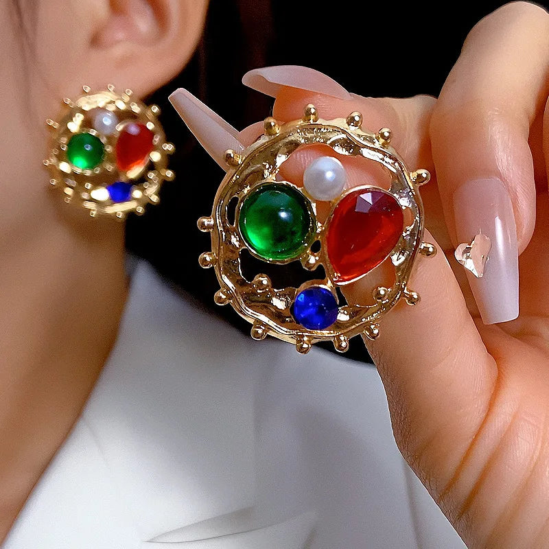 Fashion Hollow Colorful Gemstone Sparkling Pearl Stud Earring for Women