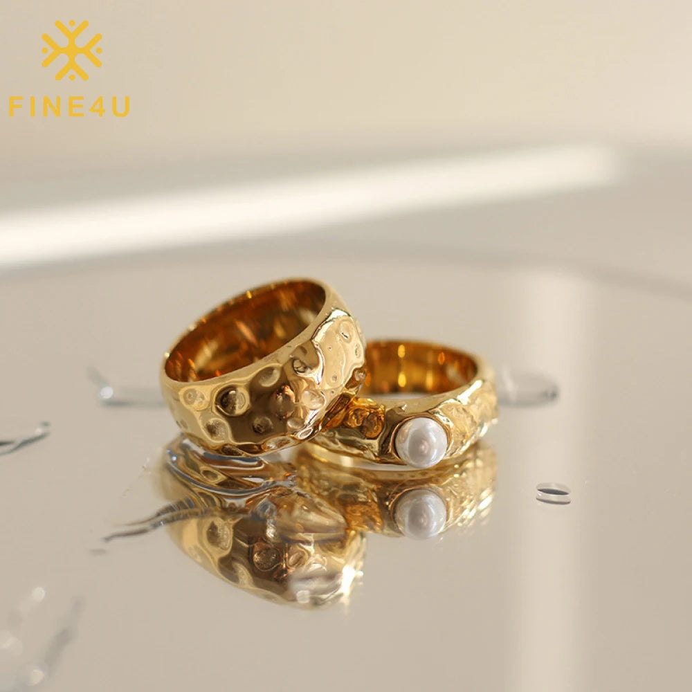 Non Tarnish Women Jewelry Stainless Steel Hammered Tinfoil Irregular Dot Gold Plated Pearl Ring