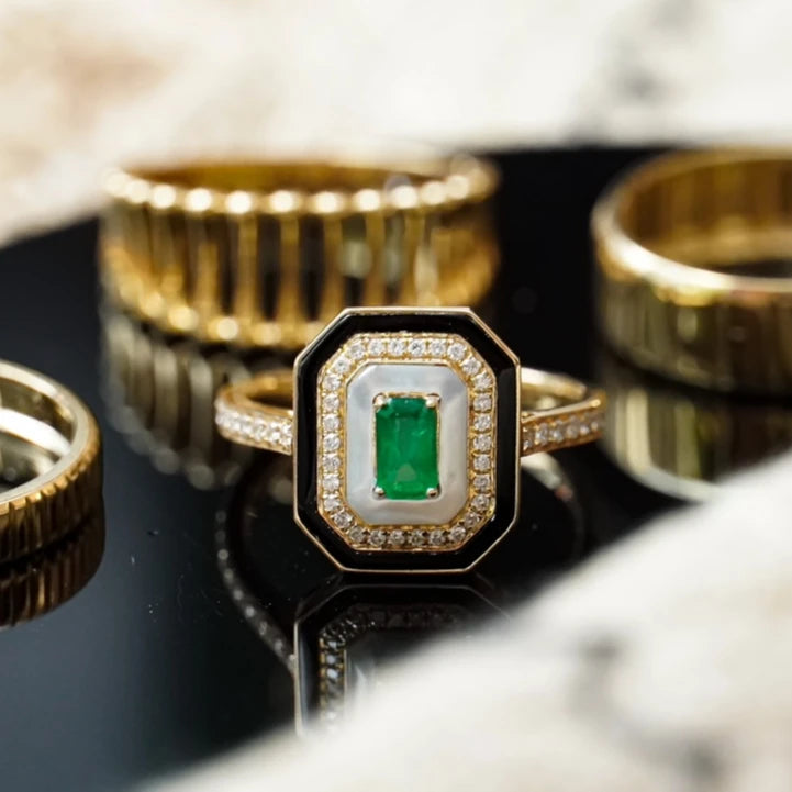 H&F Emerald Baguette Cut Wedding Ring Shield Design AU750 AU585 AU375 Natural Gemstone Handmade Jewelry Trendy Party