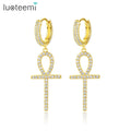LUOTEEMI Micro Inset AAA Cubic Zirconia CZ Fashion 18K Real Gold Clip on Earrings Ankh Cross Hoop Earrings Men Hips Hops Jewelry