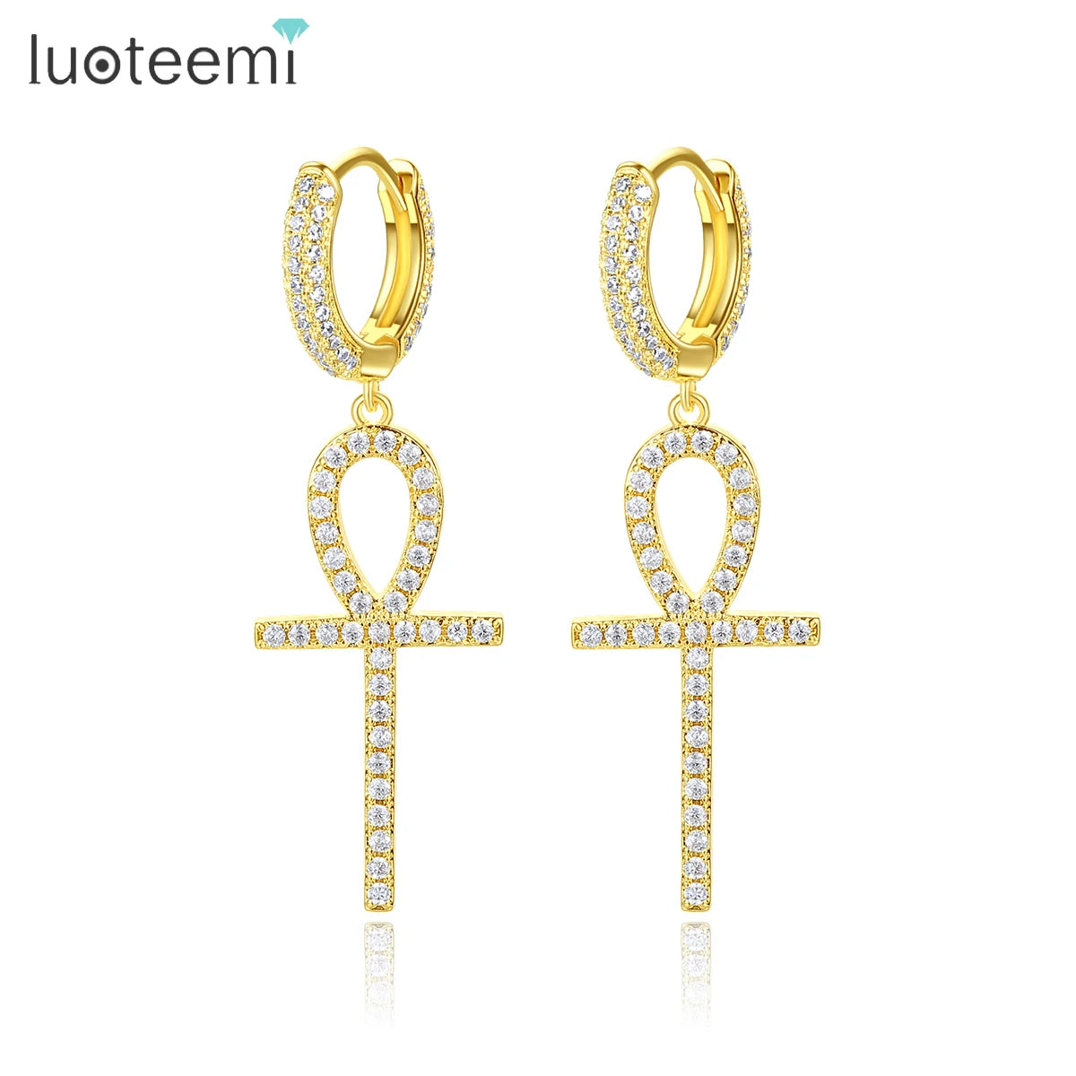LUOTEEMI Micro Inset AAA Cubic Zirconia CZ Fashion 18K Real Gold Clip on Earrings Ankh Cross Hoop Earrings Men Hips Hops Jewelry