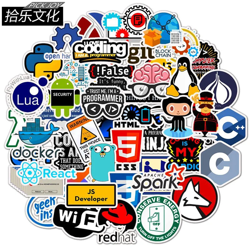 50 Pcs Programming Programmer PVC Waterproof Stickers for Skateboard Laptop Table Pencil Case Refrigerator Table and Books