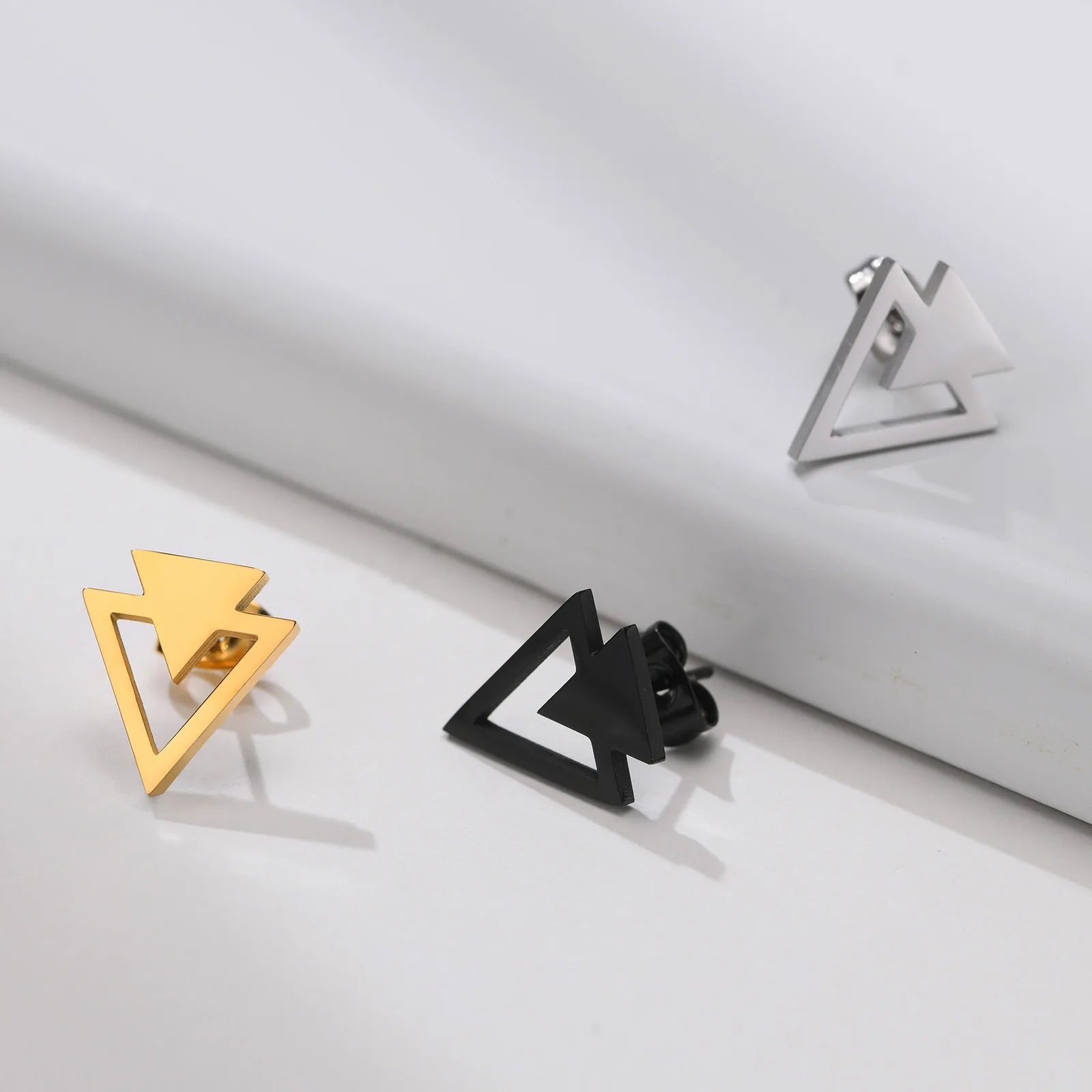 Fashion Geometric Jewelry Stainless Steel Triangle Stud Earrings Steel Color Black Gold Men's and Women's Earrings