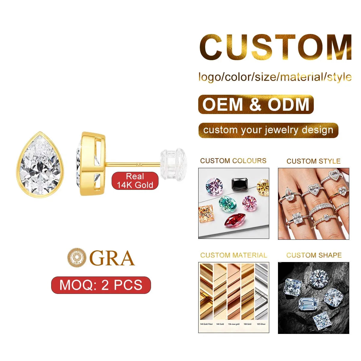 Boutique Gold Wholesaler Woman Engagement Birthday Gift Real 14K Hollow Gold 0.5ct 1ct 2ct Pear Moissanite Stud Earrings
