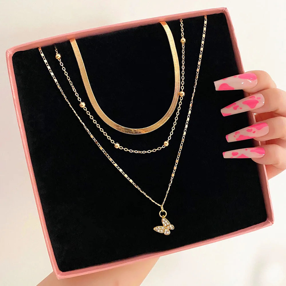 VKME Gold Color Thin Chain Bead Necklace for Women Vintage Multi-layer Necklaces Chain on Neck Fashion Jewelry Gifts