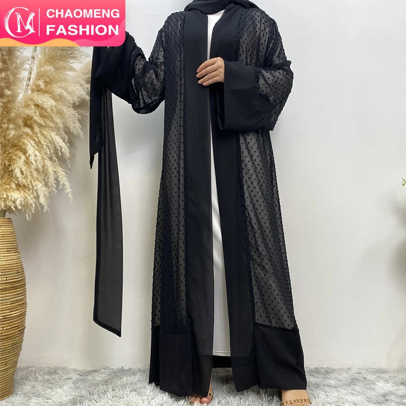 Summer Fashion Polka Dot Open Abaya with Matching Chiffon Scarf and White Inner slip Dress 5 Colors (1937+6435)