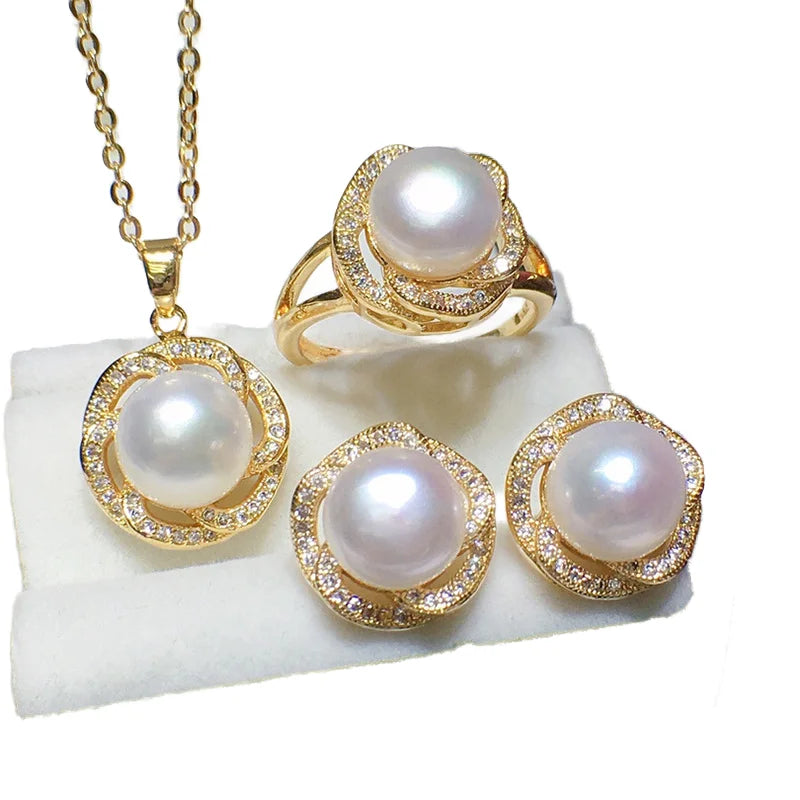 18K Gold Plated Flower Zircon Natural Freshwater Cultured Gold Pearl Ring Necklace Earrings Jewelry Set