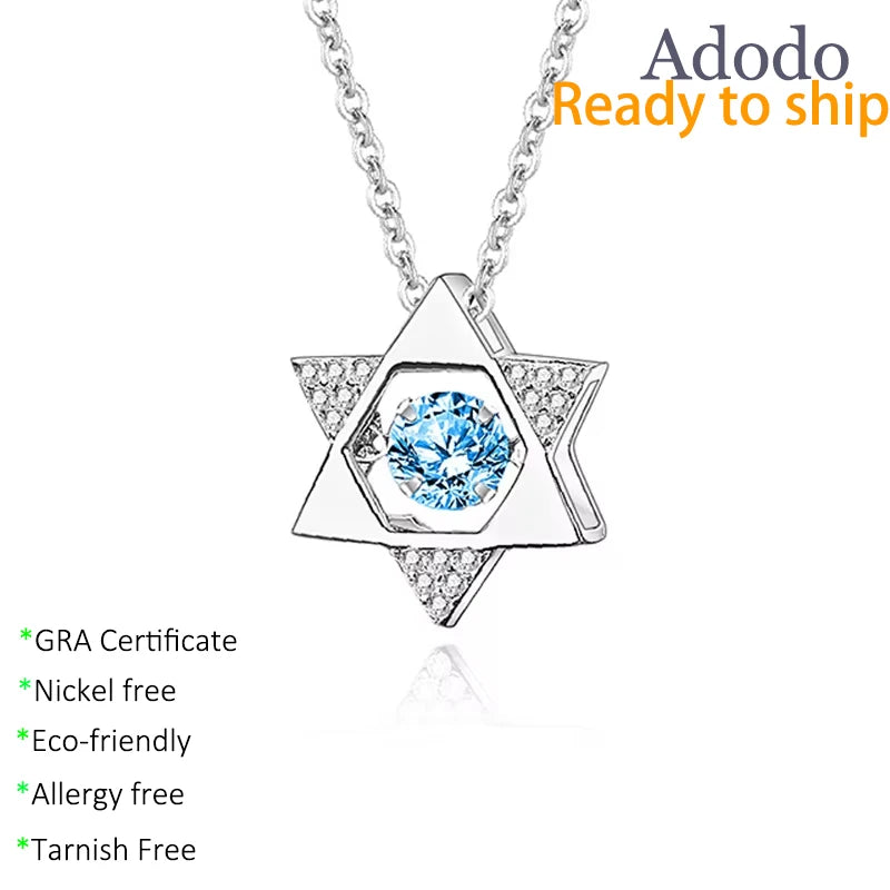 Fine Jewelry Round Cut 1CT VVS GRA Blue Moissanite Dancing Pendant S925 Sterling Silver Dainty Design Six Pointed Star Necklaces