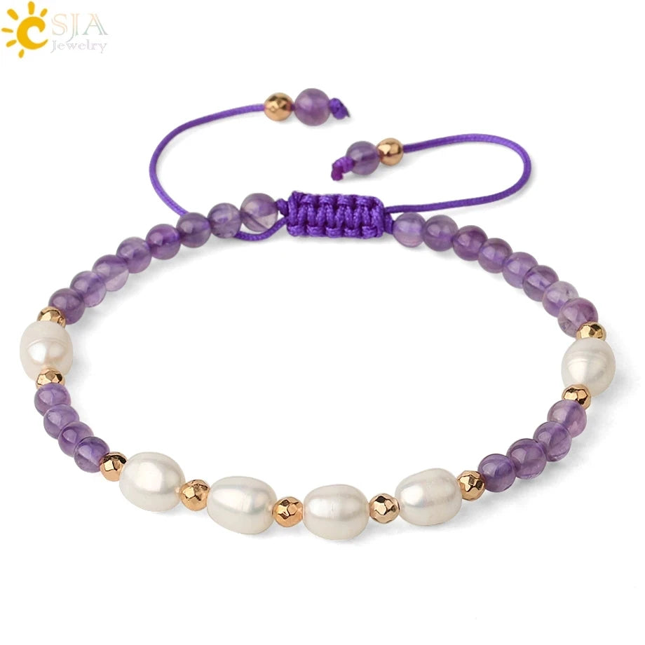 CSJA Handmade Jewelry Pearl Bracelets Adjustable 4mm Healing Natural Stone Agate Crystal Beads Braided Bracelets for Women G482