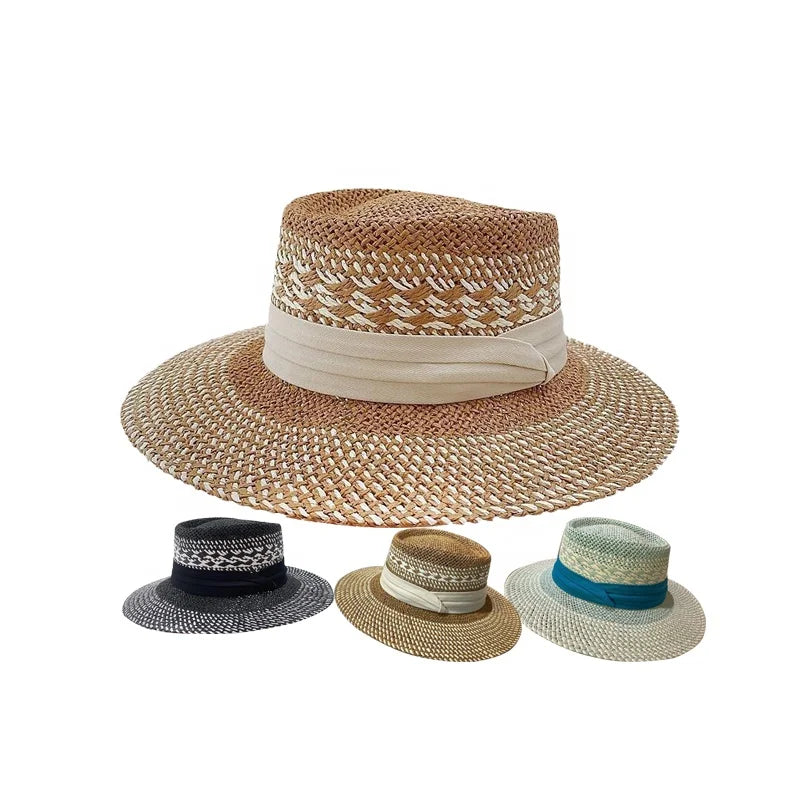 French Romantic Sun Protection Ribbon Woven Straw Hats Flat Brim Straw Pork Pie Hats for Women Unisex