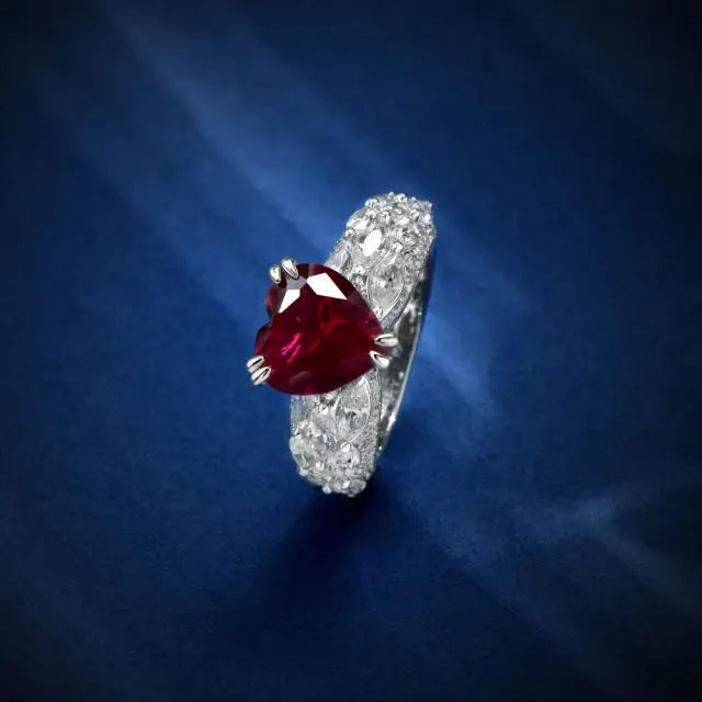 2022 New Style Women CZ Red Heart Shape Ring Ruby 925 Sterling Silver