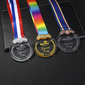MH-NJ00720 Personalized Souvenirs Gift Wholesale Glass Medal Award Stock Custom Engraving Crystal Medal