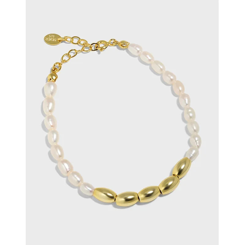 925 Sterling Silver Natural Fresh Water Pearl Bead Gold Plated Beaded Bracelet for Women