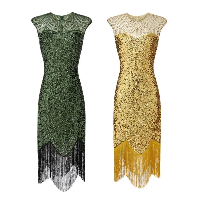Women 1920s Flapper Fringed Sequin Dress Retro Roaring V Neck Vintage Beaded Evening Gatsby Dress for Women