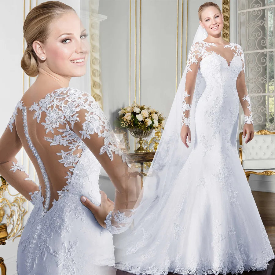 O-neck Long Sleeve Mermaid See Through Illusion Back Bridal Gowns Wedding Dresses
