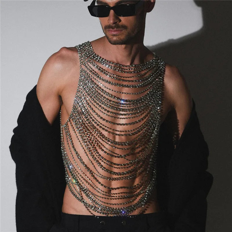 Fashion New Arrival Multi-Layered Luxury Tassel Water Diamond Body Chain Chest Chain Sexy Bikini Bra Lingerie Show