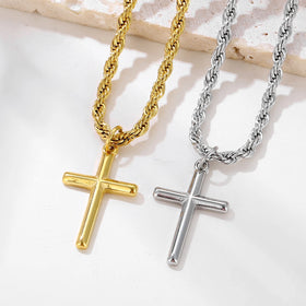 Fashion Simple Cross Pendant 18k Gold Plated Stainless Steel Rope Chain Christian Religious Jewelry Jesus Cross Necklace for Men