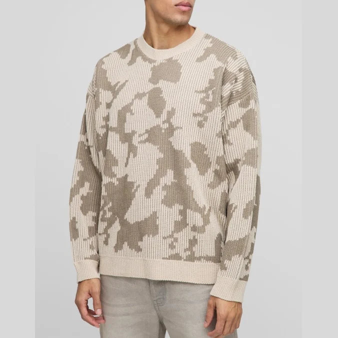 Autumn Winter Men's 100% Acrylic Jacquard Contrast Knitwear Waffle Ribbed Knitted Jumper with Logo on Front Oversized Camo Style