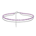 Purple Amethyst Beaded Anklets 925 Sterling Silver Round Beaded Chain Two-Layer Foot Anklet for Women