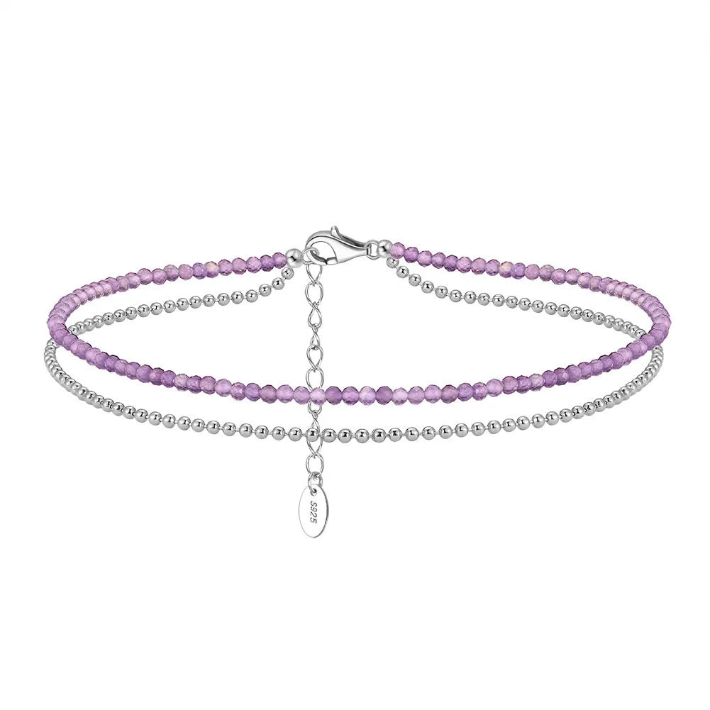 Purple Amethyst Beaded Anklets 925 Sterling Silver Round Beaded Chain Two-Layer Foot Anklet for Women