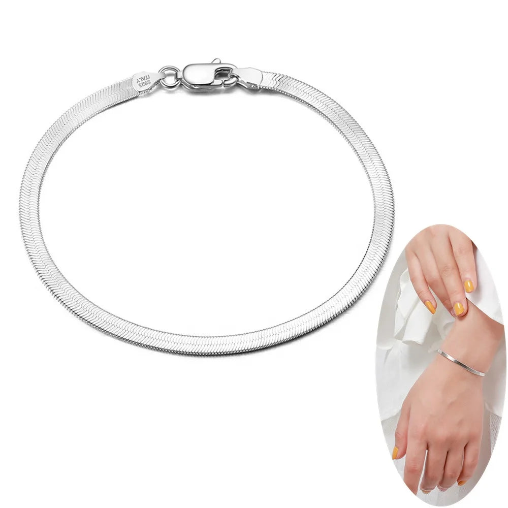 NEW Trendy 3mm 4.5mm 18K Gold Plated 925 Sterling Silver Flat Herringbone Chain Bracelets Woman Snake Bracelet Bangles 16.5-23cm