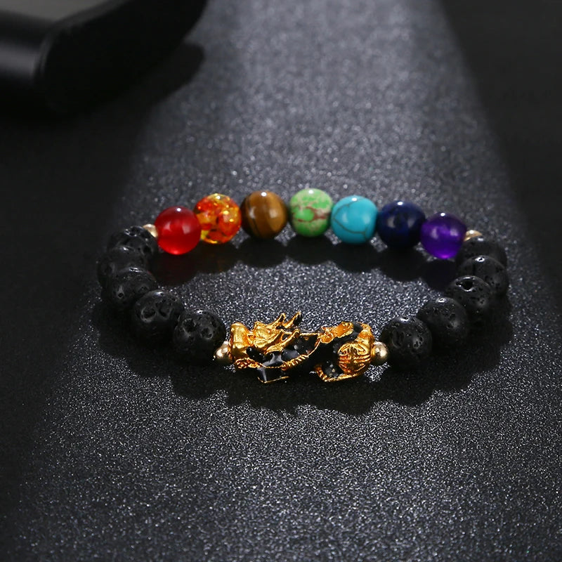Natural Stone 7 Chakra Pixiu Bracelet Feng Shui Wealth Elastic Bracelet for Men Women
