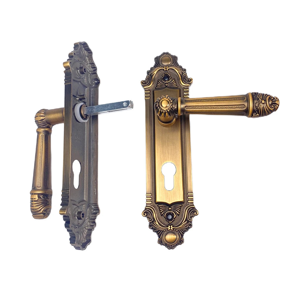 Luxury Interior Door Locks Handle Sets Zinc Alloy Wood Classic France Style Modern Antique Brass Straight Lever Door Knobs