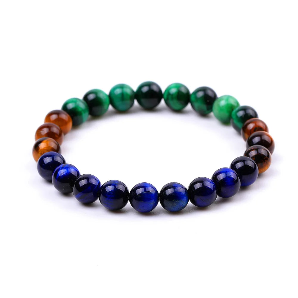 8mm Beads Bracelet Yellow Blue Green Tiger Eye Stone   Peacock Feathers Same Color Bracelet Elastic Unisex Bangle