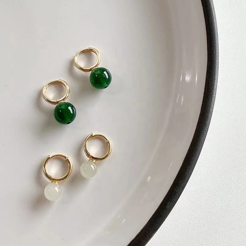 Hand Made  925 Sterling Silver Natural Hetian Jade Green Agate Earring Natural Crystal Gemstone Earrings