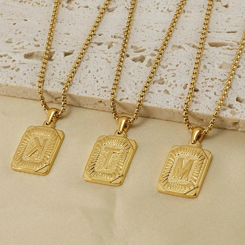 26 Alphabet Initial Pendant Tarnish-Free PVD 18k Gold Plated Stainless Steel Rectangle Initial Necklace for Christian Gift