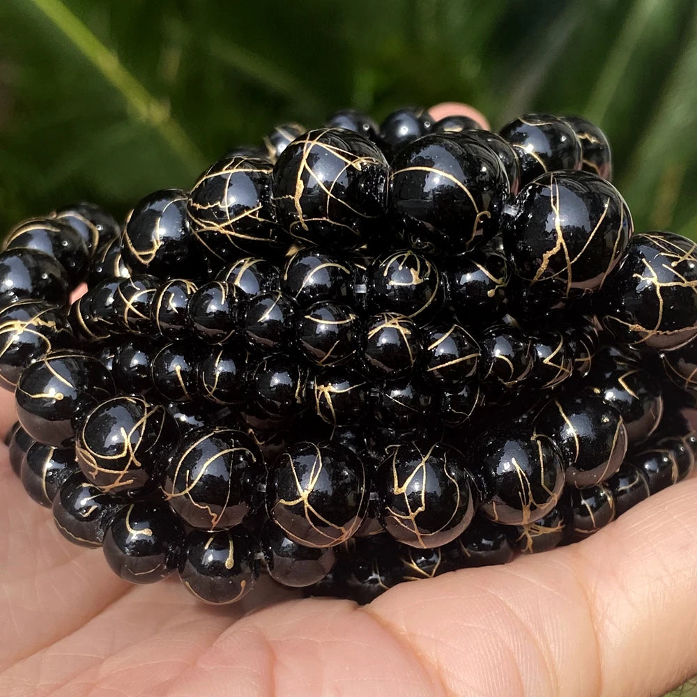 AsVrai UNatural Stone Beads Black Gold Color Line Agates Round Beads for Jewelry Making DIY Handmade Bracelet Necklace 15''