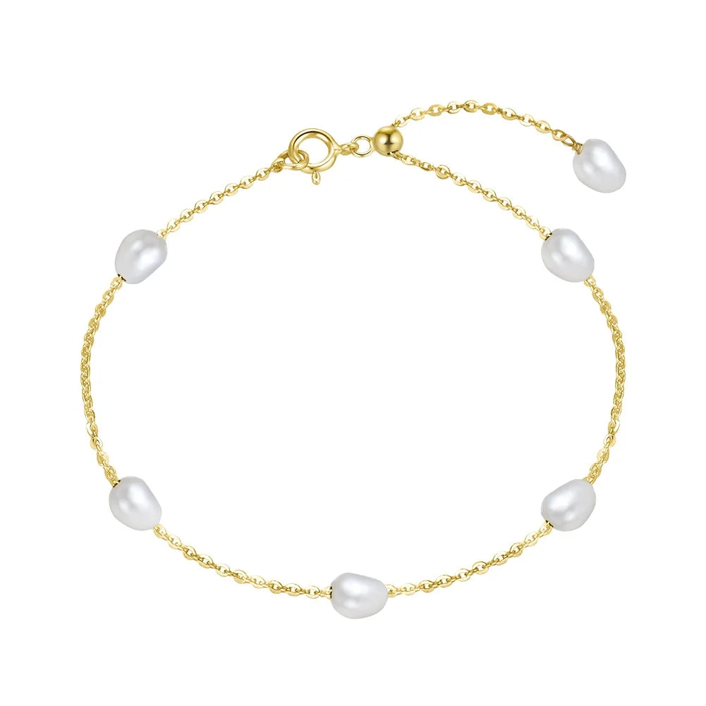 RINNTIN GPB08 Luxury Jewelry 925 Sterling Silver Freshwater Pearl Bracelet Brazalete Joya De Plata 14K Gold Bracelet for Women