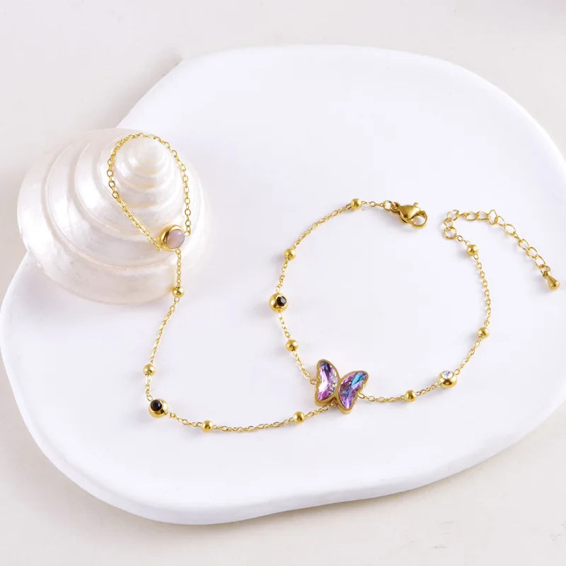 2025 Dainty Stainless Steel Ring Bracelet Zircon Heart Bracelet 18K Gold Plated Flower Butterfly Bracelet