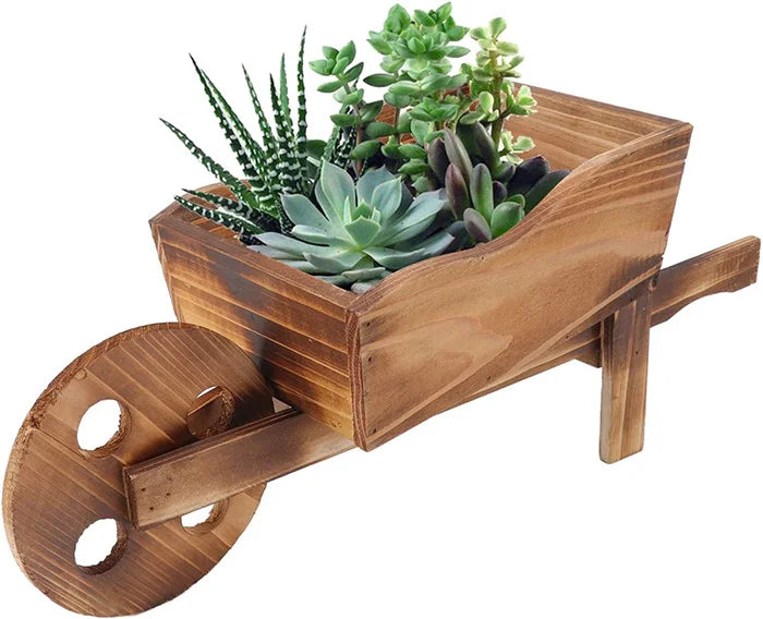 Hot Outdoor Garden Plant Planter Wooden Wagon Wheelbarrow Cart Home Decoration with Flower Pot Wheels