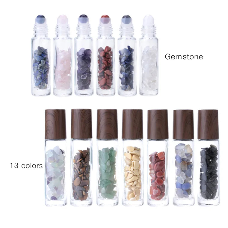 Low Order Quantity Essential Oil Glass Roll on Bottles 1/3oz 10ml Dark Wood Grain Lid Gemstone Perfume Roller Bottle