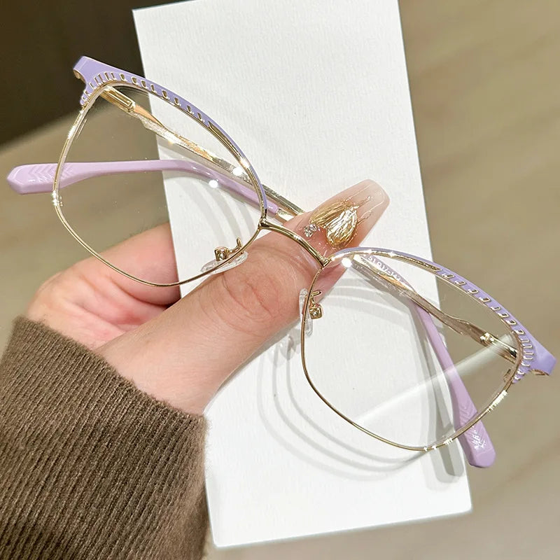 2025 New Designer Square Women Colorful Cat Eye Adult Eyeglasses Metal Frame Anti Bule Light Prescription Optical Eyewear