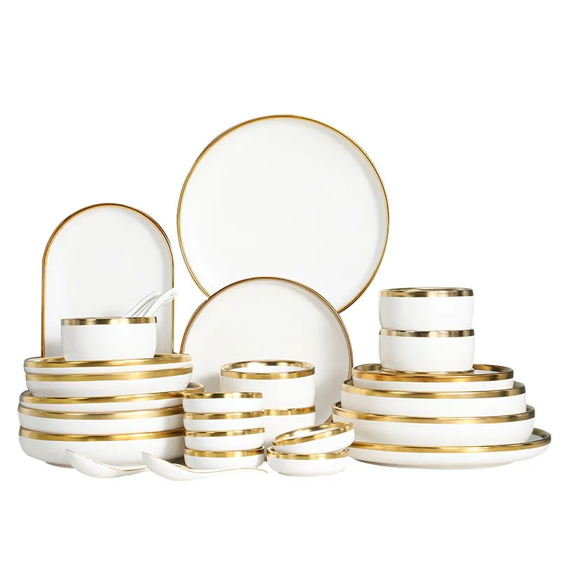 Luxury Style White Ceramic Bowl Plate Set Porcelain Gold Inlay Dinnerware for Home & Restaurant Use