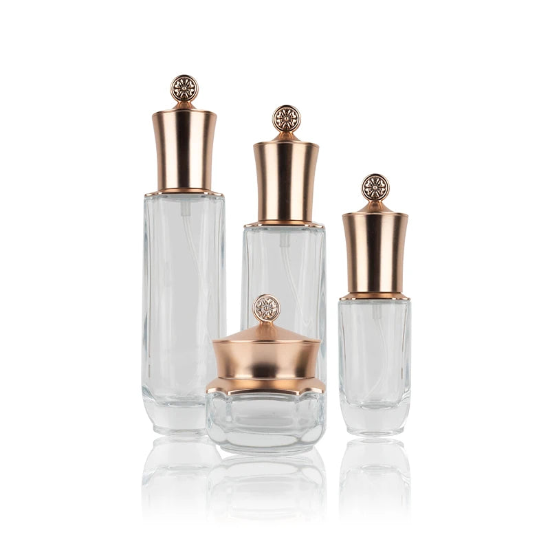 Luxury Clear Glass Skincare Packaging Set Cosmetics Containers Glass Lotion Pump Bottle