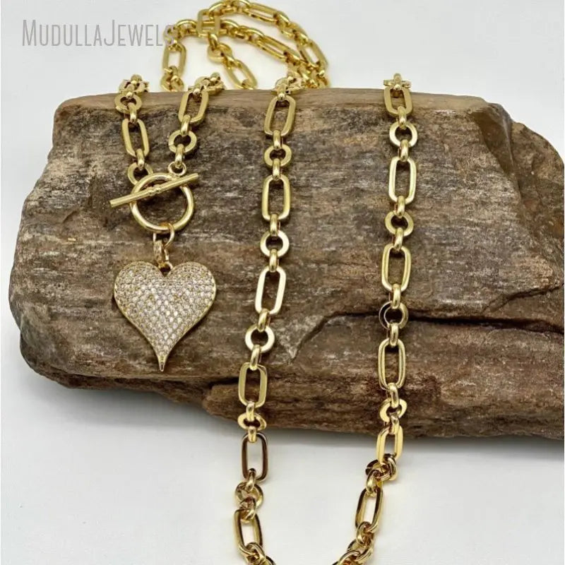 NM45618 Copper Jewelry Heart Shape Pendant With Cubic Zirconia CZ Paved Chain Necklace Gold Plated Minimalist Gift