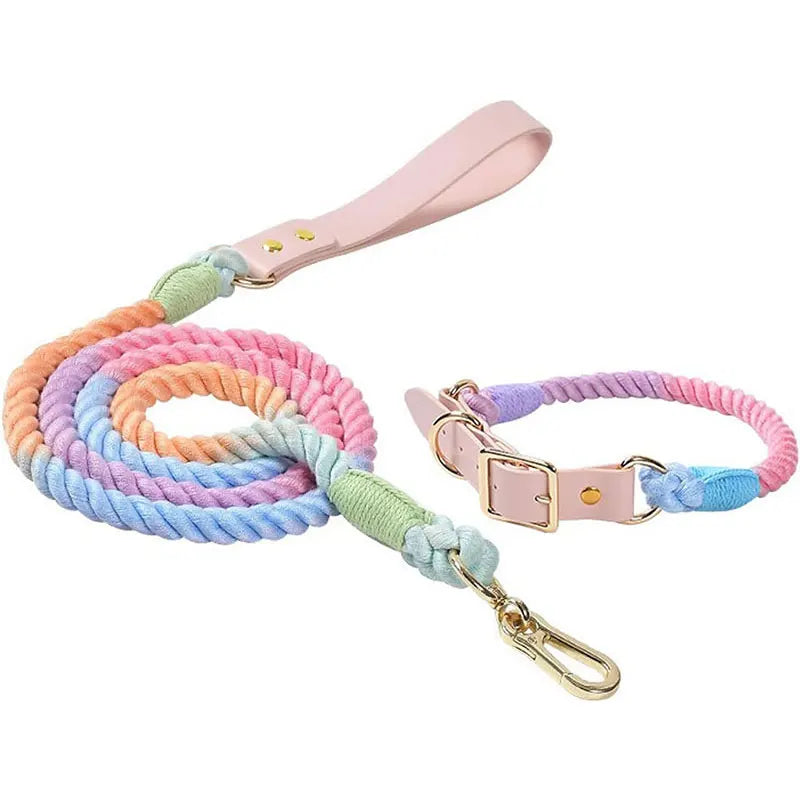 Luxury Personalized Eco-friendly Leather Handle Cotton Rope Braided Paracord Dog Collar and Leash Set