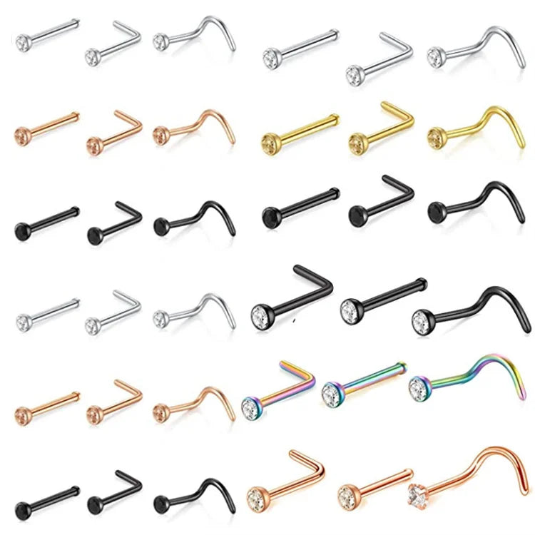 Wholesale Simple Fashion L Shape S Shape Stainless Steel Diamond Nose Stud Nose Ring Piercing Jewelry