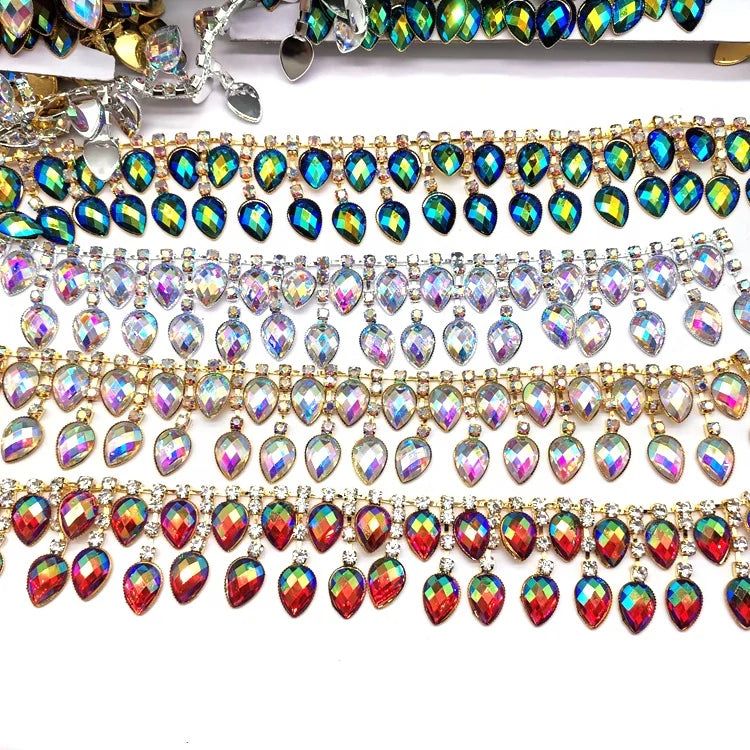 Customized Carnival Costumes Rhinestone Trimming Iridescent Resin Teardrop Resin Rhinestone Fringe Trim