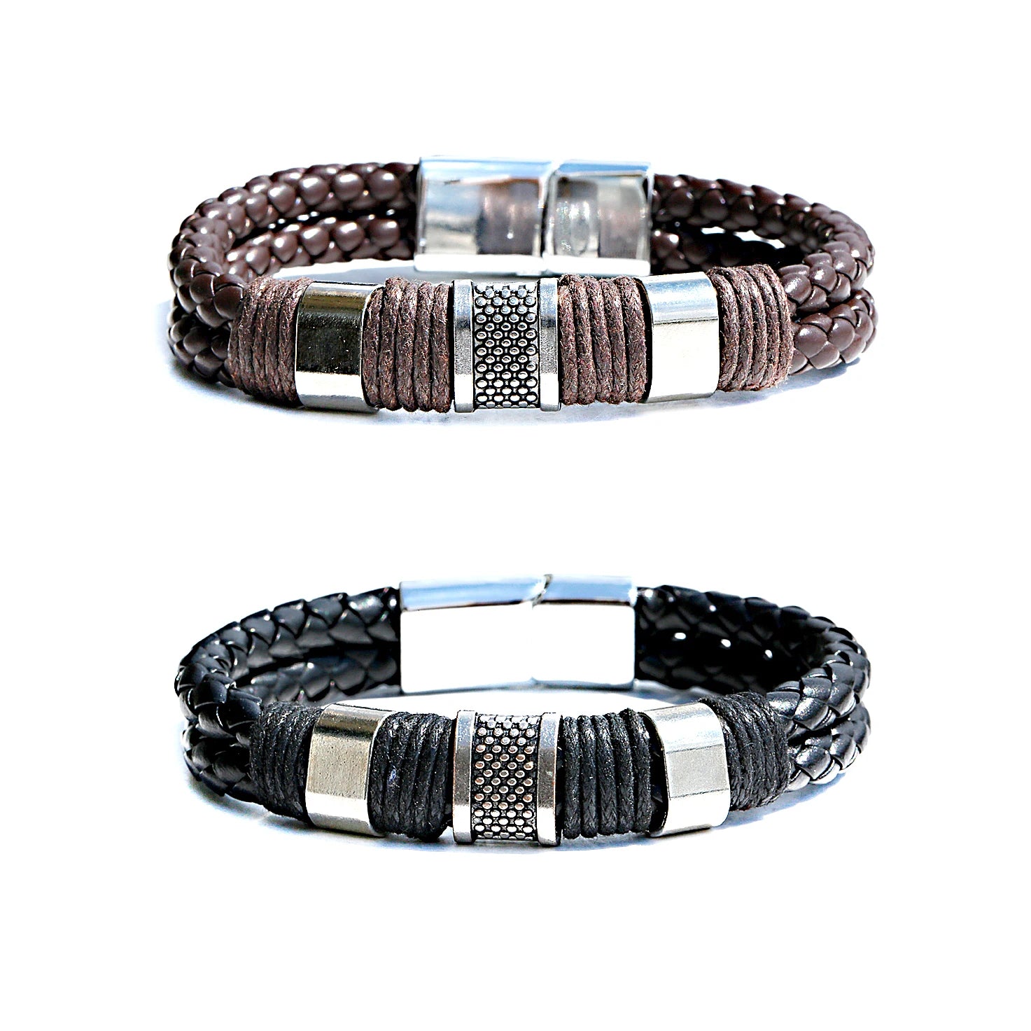 Douvei Luxury High-grade Men's Leather Woven Braided Cuff Bangle Bracelet with Stainless Steel Buckle Fashion Jewelry