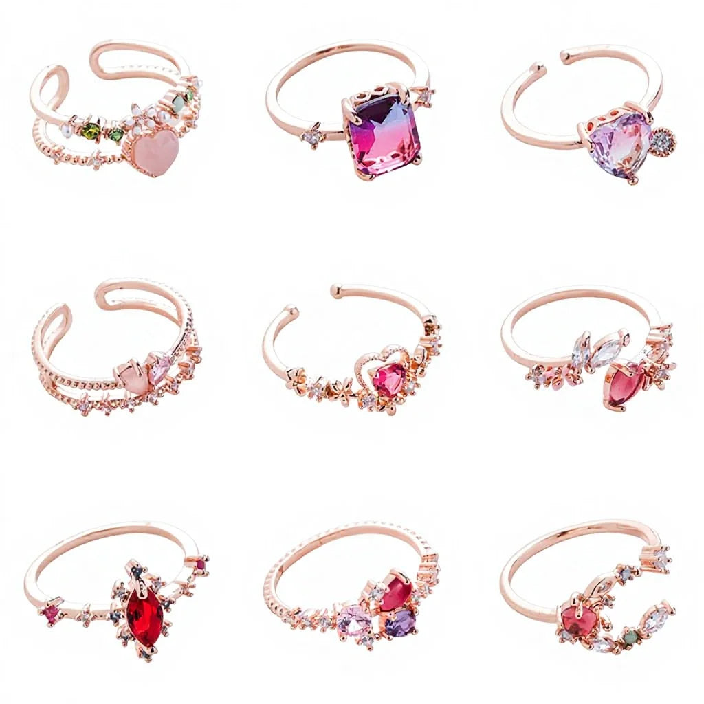Flower Zircon Rings Copper Heart Pearl Butterfly Bow Cross Crown Adjustable Delicate Women Crystal Engagement Open Ring Jewelry