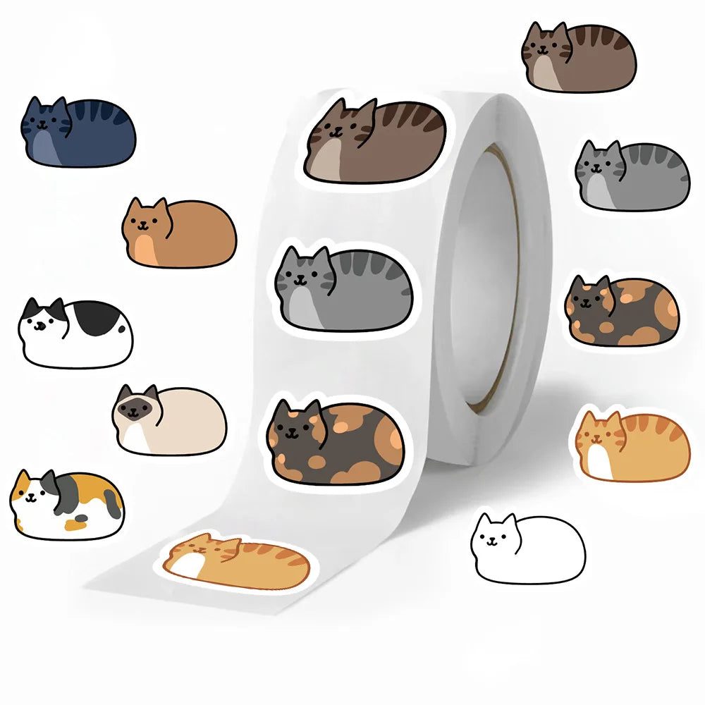 500Pcs Cartoon Bread Cat Roll Stickers 1 inch Funny Style Kitty Envelope Sealing Sticker